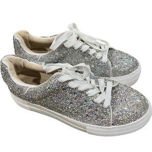 Betsey Johnson Sidny Rhinestone Tennis Shoes Sneakers Silver 7.5
